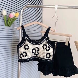 Black and White Floral Crochet Top and Shorts Set